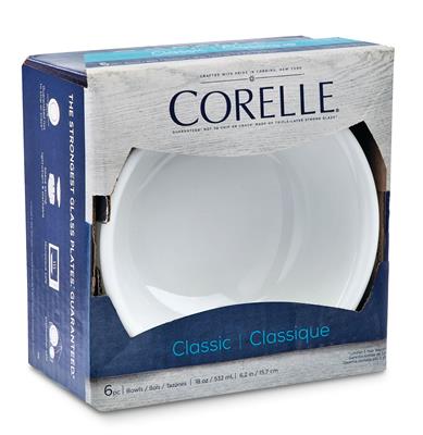 Corelle 6pc Classic Glass Caterer Bowl Set, Chip Resistant, White