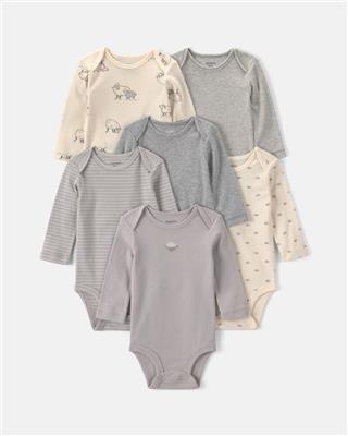 Baby 6-Pack Sheep Long-Sleeve Bodysuits - Grey/White | Carter’s Oshkosh Canada
