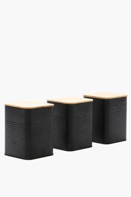 Set Of 3 Metal And Wood Canisters