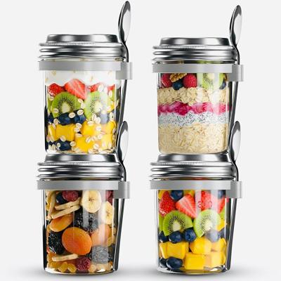 Unique Impression 4-Pack Glass Breakfast Jars with Airtight Stainless Steel Leakproof Lids & Spoons – BPA-Free Mason Jars for Overnight Oats, Yogurt,