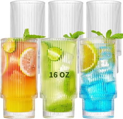 Amazon.com | Qipecedm 6 Pack Ribbed Drinking Glasses, 16 oz Vintage Glass Cups, Highball Glasses, Premium Iced Coffee Glasses, Clear Glass Tumbler, Co