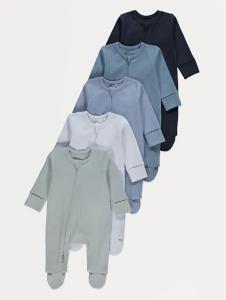Blue Zip Fasten Ribbed Sleepsuits 5 Pack | Baby | George at ASDA
