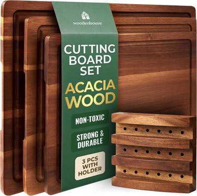 Amazon.com: Acacia Wood Cutting Board Set of 3 with Holder, Juice Grooves & Built-in Handles - Durable, Wooden Cutting Boards for Kitchen, Perfect for