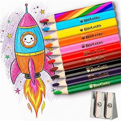TinyGeeks Jumbo Pencils - New Version - 10 Triangle Short Colors - for Kids - with Rainbow Pencil - Sharpener - Perfect for Preschool, Toddlers and Be