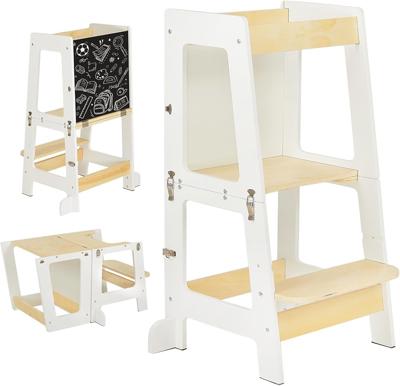 Youyijia 3-in-1 Toddler Learning Tower Kids Step Stool & Mini Desk with Safety Rail, Toddler Steps Stool with Black & Whiteboard for Kitchen Counter,