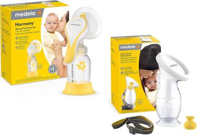 Amazon.com: Medela Paquete de par perfecto con extractor de leche manual Medela Harmony y colector de leche materna de silicona, ligero y discreto, fa