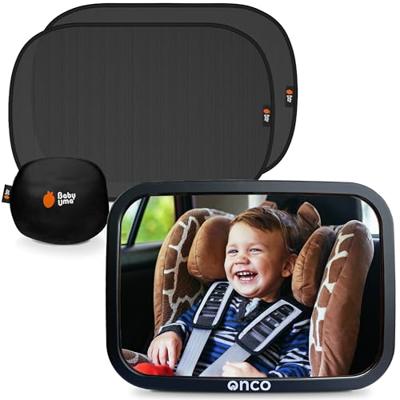 Onco Baby Car Mirror & Car Window Shades Bundle (18.9″ × 12″) - UPF 50+ Window Shade, 100% Shatter-Proof Car Mirror for Baby, Universal Shades & Mirro
