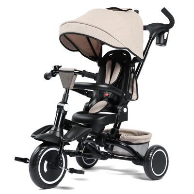 Kinder King 7-in-1 Kids Tricycle with Canopy, Adjustable Push Handle, One-Touch Brake, Lockable Front Wheel, All-Terrain Tires & Storage, Khaki : Targ