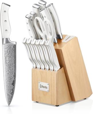 D.Perlla Knife Set, 14 Pieces Kitchen Knife Set with Self Sharpening Wooden Block, German Stainless Steel Knife Block Set with Steak Knives, White : A