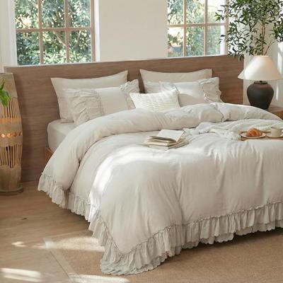 Herside Boho Beige Duvet Cover Set King Farmhouse Bedding Set 2 Layers Beige Ruffled Design Super Soft Microfibre Bedding Sets with Solid 2 Pillowcase