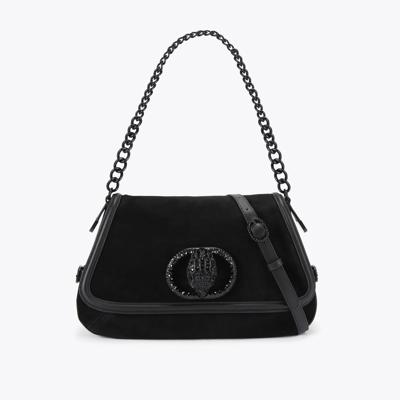 CHELSEA LG SOFT SADDLE DR Black Suede Shoulder Bag by KURT GEIGER LONDON