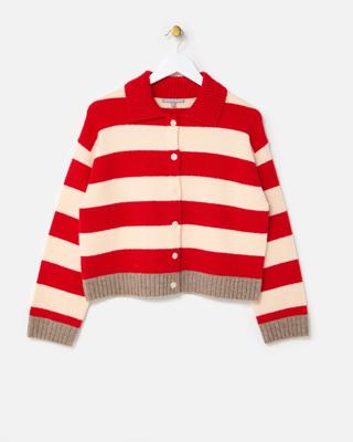 Red & Cream Striped Collared Knitted Cardigan | Oliver Bonas