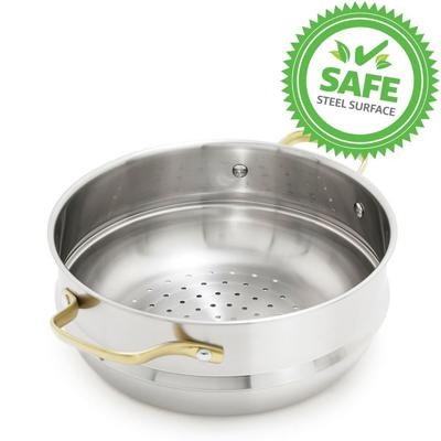GreenPan – Swift Brushed Stainless Steel with Satin Gold Handles 24cm Steamer – Victorias Basement