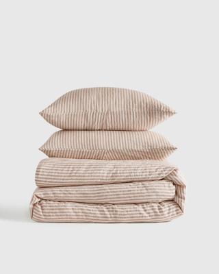 Linen Duvet Cover Set in Latte/White Stripe