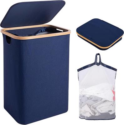 Woodluv Large Collapsible Foldable Laundry Hamper Basket with Lid & Removable Liner, Tall Laundry Hamper with Lid for Dirty Cloth Toys Towels - Navy B
