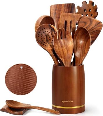 Spardar Wooden Kitchen Utensils, 12-Piece Set of Wooden Spoons with 9 Teak Cooking Spoons, Spoon Rest, Pot Holder, 3.3 Inch Utensil Holder, Kitchen De