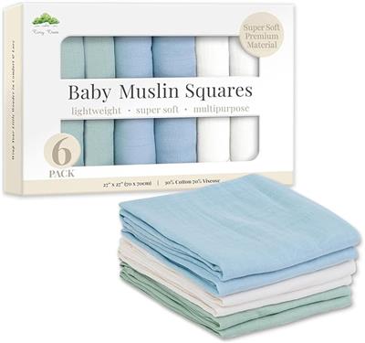 Tiny Trees® Baby Muslin Cloths 6 Pack 70x70cm | Bamboo Cotton Baby Muslin Squares | Muslin Blanket Baby | Newborn & Baby Essentials Gift Set | Soft Ab