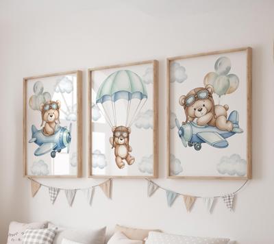 Set of 3 Teddy Bear Prints, Air Balloon Wall Art Set, Airplane Posters, Modern Art, Kids Bedroom Decor, Boy Nursery Decor, Playroom Prints - Etsy