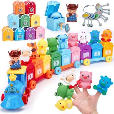 Toddler Learning Toys for 2 3 Year Old-Counting Matching & Sorting Activity Montessori Train Set with Farm Animals Finger Puppets Keys to Lock and Unl
