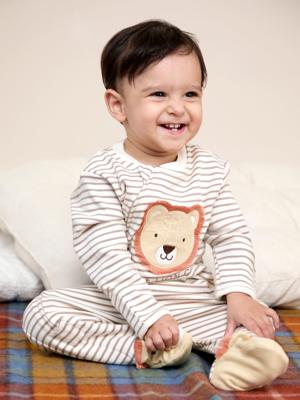 Ecru Lion Cotton Footed Stripe Appliqué Zip Sleepsuit | JoJo Maman Bébé