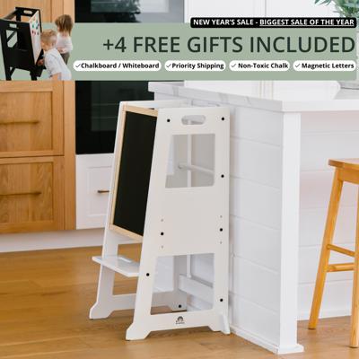 Australias Safest Learning Tower, Toddler Tower, Toddler Kitchen Stool, Kitchen Helper Tower, Little Big Learning Slimline White with Blackboard