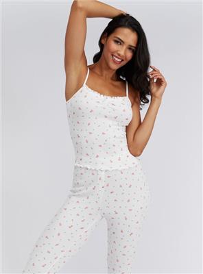 Heart floral ribbed long pyjama set | Ivory Mix | Boux Avenue UK