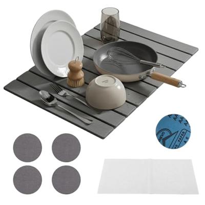 7 PCS Stone Drying Mat with 4 Round Cup Coasters,Sandpaper & Abrasive Pad,Foldable,Colapsible 24″x16″Water Absorbing Diatomaceous Earth Drying Mat,Qui