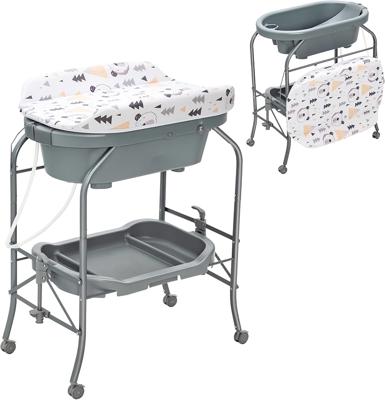 Baby Changing Table with Bathtub, 4 in 1 Foldable Infant Diaper Dresser Station with Lockable Wheels PVC Pad Storage Tray, Portable Nursery Organizer