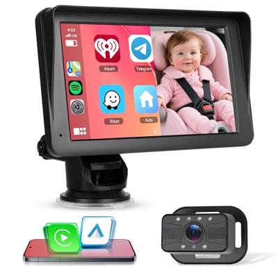 Rimoody Portable Wireless Carplay Screen with Baby Car Camera 7 inch IPS Touch Screen Portable Android Auto Car Radio Car play FM Transmission AUX Onl