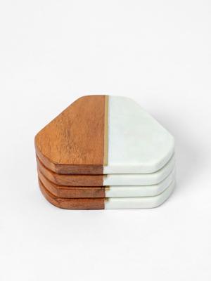 Goa Marble Wood & Brass Coasters Set of 4