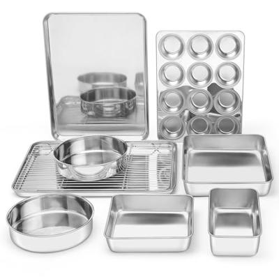 E-far 9-Piece Baking Pan Set, Stainless Steel Bakeware Sets for Sheet Cake Cookie Loaf Muffin, Include Baking Sheet, Round Square Rectangle Baking Pan