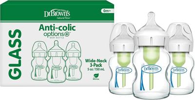 Amazon.com : Dr. Browns Anti-Colic Options+ Wide-Neck Glass Baby Bottle, 5 oz, 3-Pack | Clinically proven to reduce colic, glass bottles with Level 1
