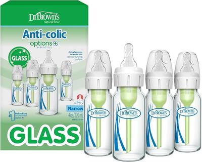 Amazon.com : Dr. Browns Anti-Colic Options+ Narrow Glass Baby Bottle with Level 1 Slow Flow Nipple, BPA-Free, 4 oz/120mL, 4-Pack : Baby