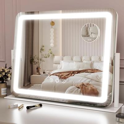 ROLOVE Large Vanity Mirror with Lights, 22x17 Lighted Makeup Mirror for Desk, 3 Color Dimmable LED Lights, Smart Touch Control & 360° Rotation Table