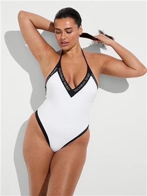 Iconic Logo Plunge One-Piece Swimsuit VS White | Victorias Secret Australia