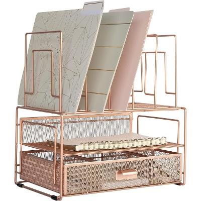 Blu Monaco Rose Gold Desk Organizer with File Sorters & Drawer - Workspace Storage Rack for Office Supplies, Paper & Folders : Target