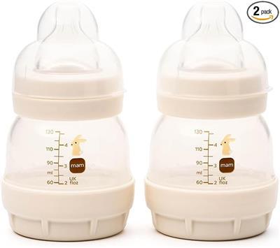 MAM Easy Start Anti-Colic Baby Bottles | 2 Pack (2 x 130ml) | Self-Sterlising Baby Milk Bottle | Slow Flow MAM Teat Size 1 | Newborn Essentials | Unis