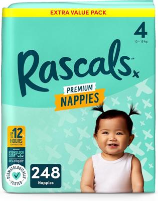 Rascals Premium Nappies丨Size 4丨Total 248 Nappies | Absorbent丨infant丨overnight Diapers Dry and Gentle Diapers nighttime丨4 Layers of Protection and Feat