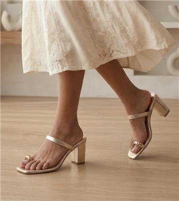 Gold Toe-Ring Heeled Mules - Metallic Straps & Comfy Lift – PairieTales