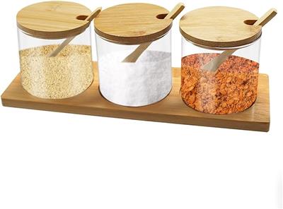 ICEBLUEOR 3PCS 300ml/10 Oz Glass Spice Jars, Cute Sugar Pot Salt Pot with Bamboo Lids and Spoons for Kitchen, Condiment Storage Jars with Wooden Base,