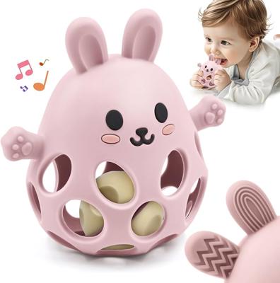 Baby Sensory Teething Toy with Rattle for Newborn 3 6 9 12 18 Months, 1st Boy Girl Easter Bunny Basket Stuffers Gifts, Silicone Relief Chew Teether fo