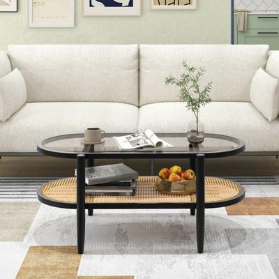 Costway 2-Tier Coffee Table Tempered Glass Top with PE Rattan Shelf & Acacia Wood Frame Brown : Target