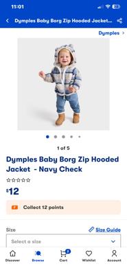 Dymples Baby Borg Zip Hooded Jacket  - Navy Check | BIG W
