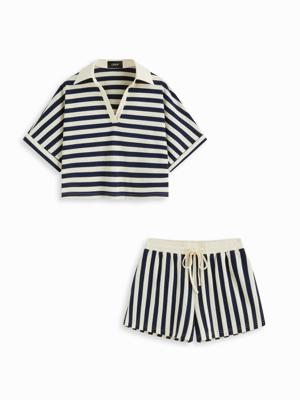 Knit Fabric Color-Blocked Stripes Collar Top & Mid Rise Drawstring Shorts Set For Daily Casual