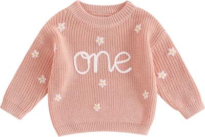 MAHUAOYIXI Baby Girl First Birthday Sweater Casual Long Sleeve Crew Neck Letter Flower Embroidery Ribbed Knit Pullover Warm Sweater Toddler Clothes Kn