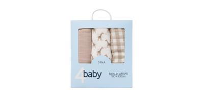 4baby Muslin Wrap 3 Pack Natural Gingham | Baby Bunting AU
