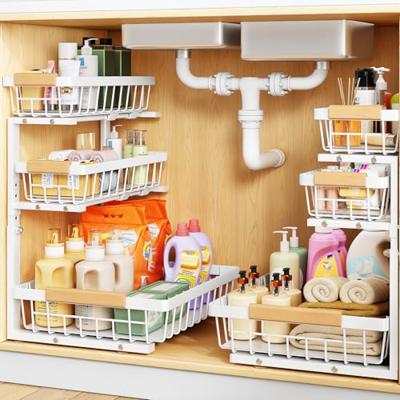 PXRACK Under Sink Organizer, 2-Pack 3-Tier Height Adjustable Thickened Metal Pull out Cabinet Organizer Shelf, Slide out Storage Drawer Rack for Bathr
