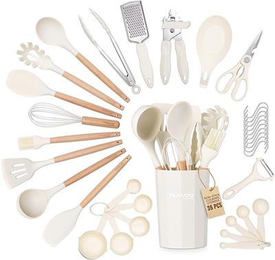 Kitchen Non Stick Cooking Utensils Set – Heat Resistant Silicone Utensils with Wooden Handle – Ladles, Spoons and Spatulas Set – Kitchen Tools & Acces