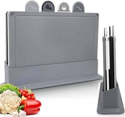BOCHION Chopping Board Set, Plastic Dark Cutting Boards with Stand and Food Icons of 4, Chopping Boards Easy to Clean, Multipurpose Anti-Slip Surface