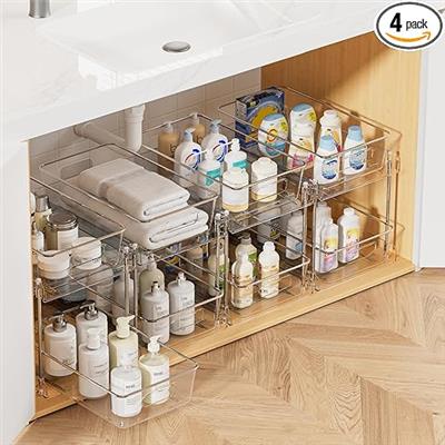 Amazon.com: Vtopmart 4 Pack Bathroom Organizer, 2 Tier Clear Under Sink Organizers Vanity Countertop Storage Container,Cabinet Drawers Bins, Pull-Out